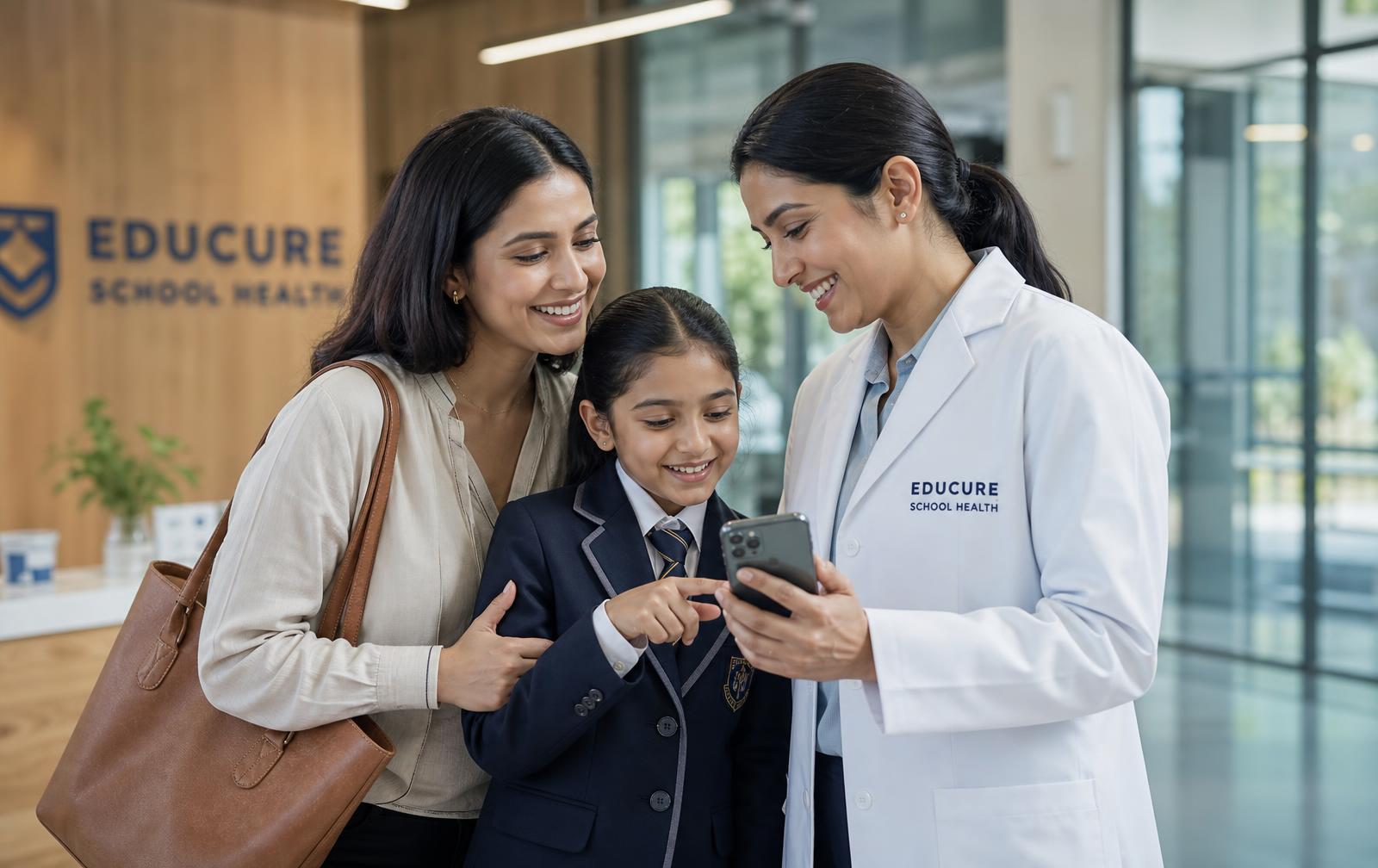 Mother and children looking at a child health app together at home
