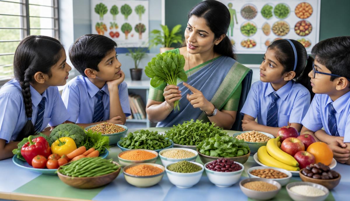 Nutritionist teaching school children about iron-rich healthy Indian foods