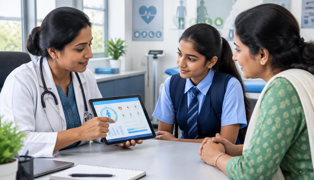 Optometrist checking a school student's vision with an eye chart