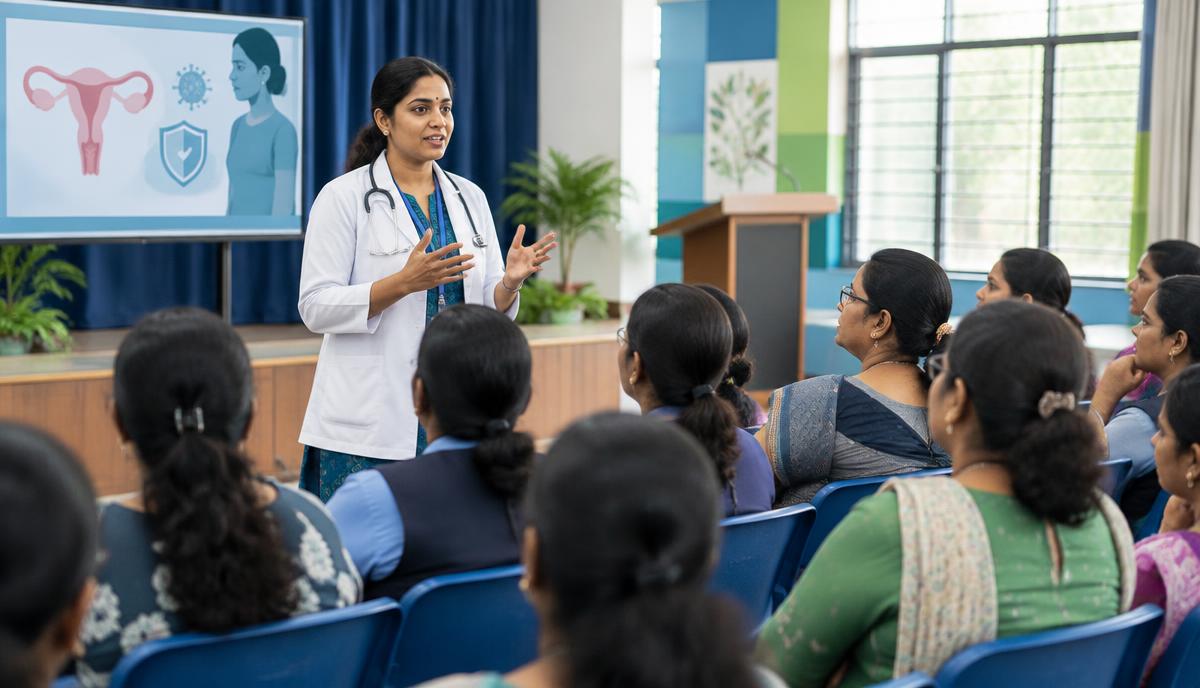 Doctor leading an HPV and cervical health awareness session for women at a school