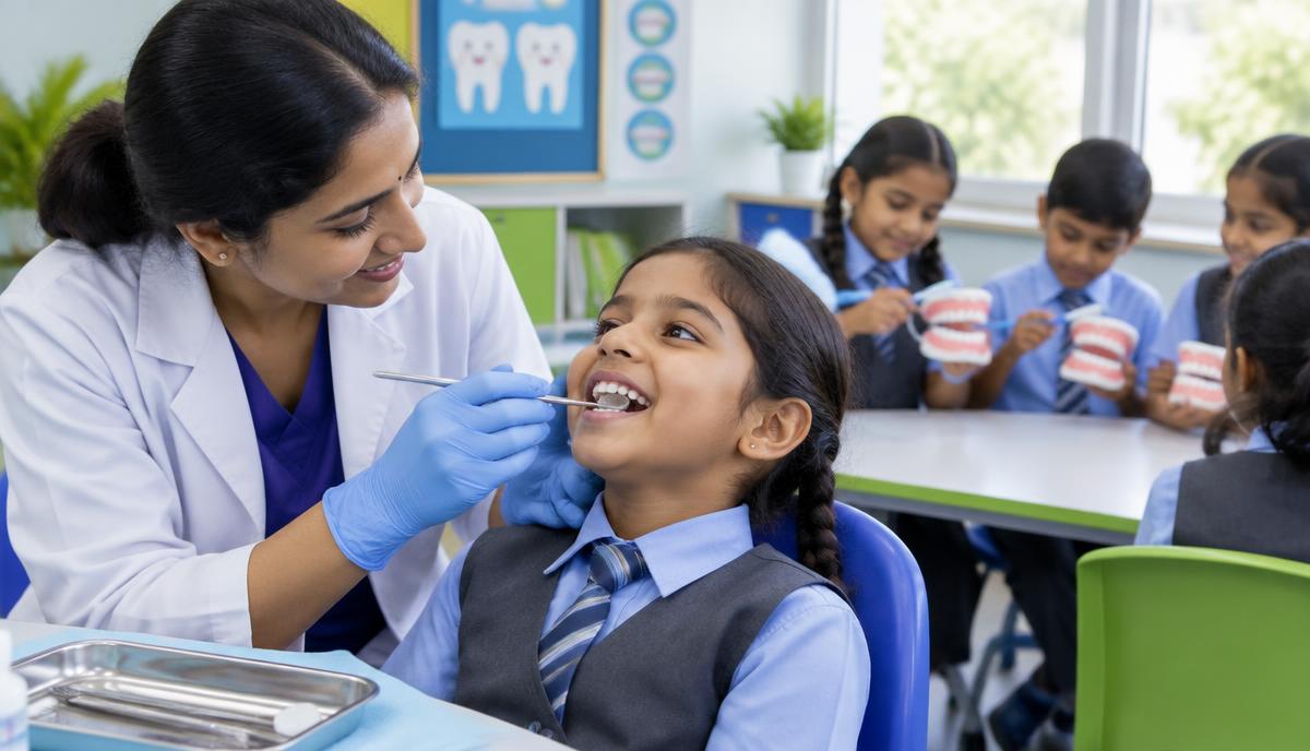 Pediatric dentist examining a school child's teeth during an onsite dental camp