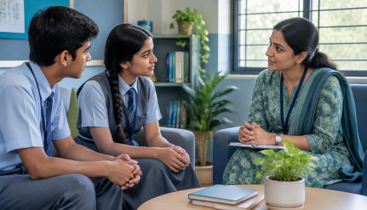 School counsellor speaking with two teenage students in a private counselling room