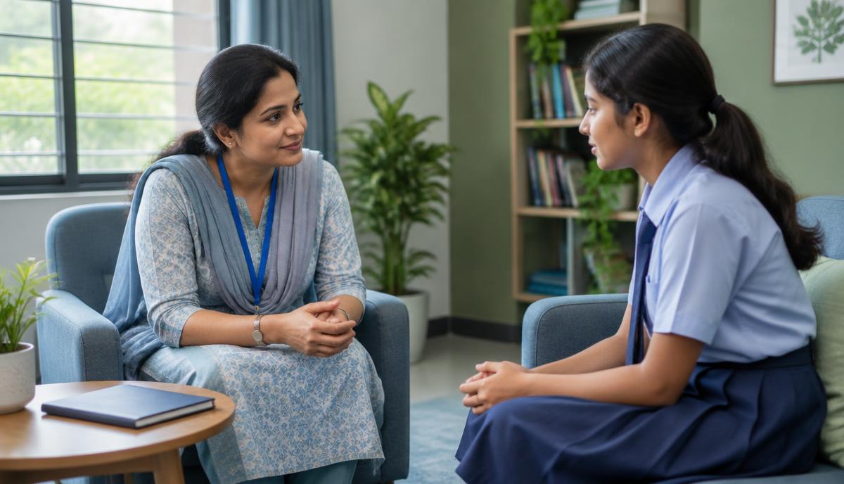School counsellor supporting a teenage student in a confidential one-to-one session
