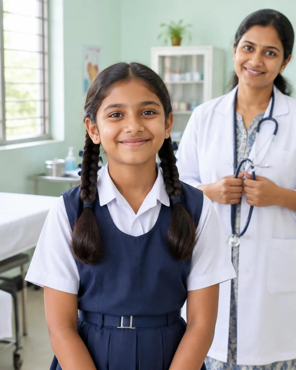 Smiling Indian schoolgirl in uniform with a doctor in a school medical room