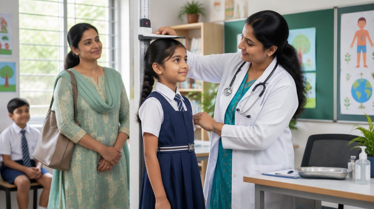Doctor conducting a CBSE school student health checkup in a classroom
