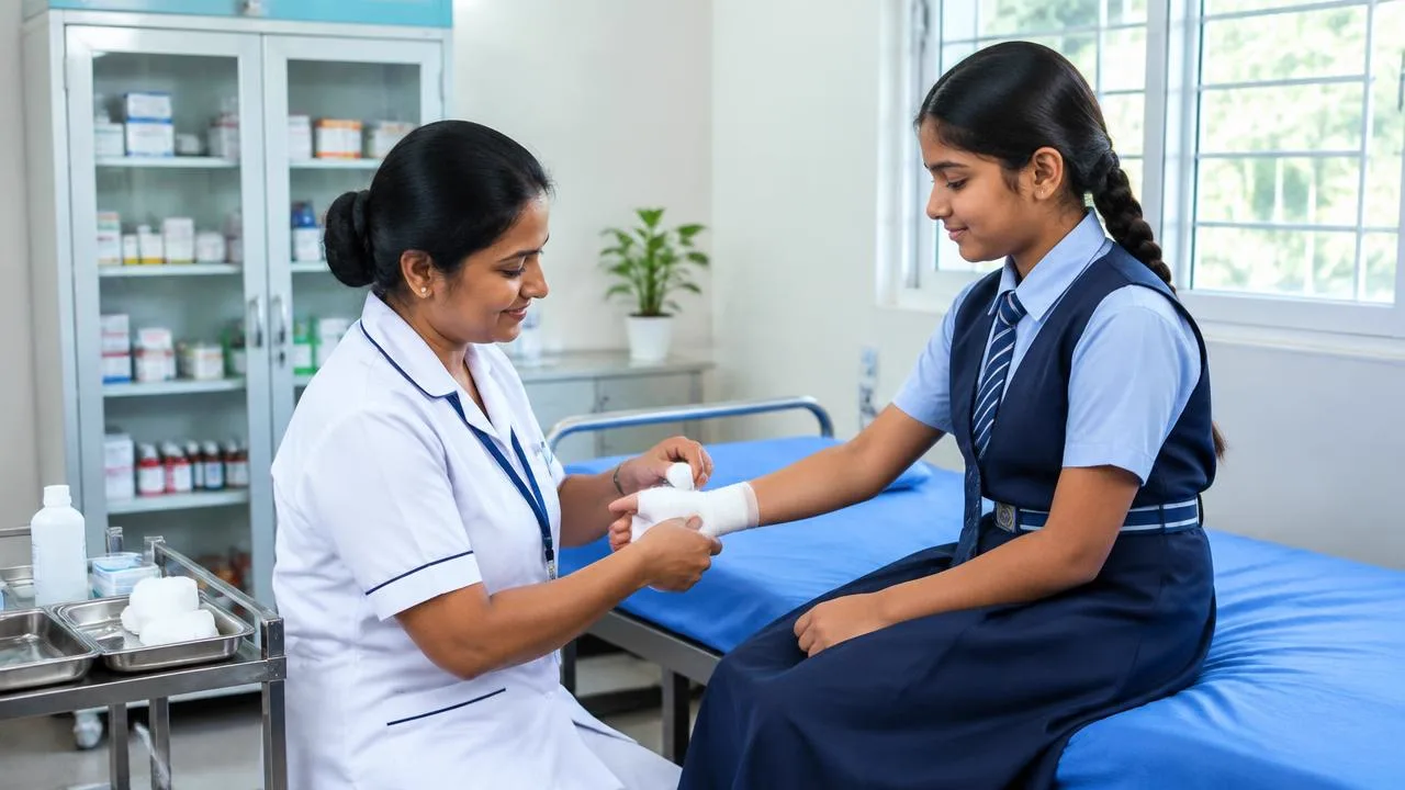 Nurse and student inside a well-equipped school clinic and infirmary — SchoolWellness.in
