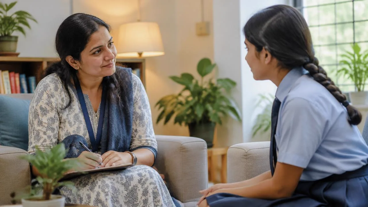 School counsellor talking with a student in a calm counselling room — SchoolWellness.in