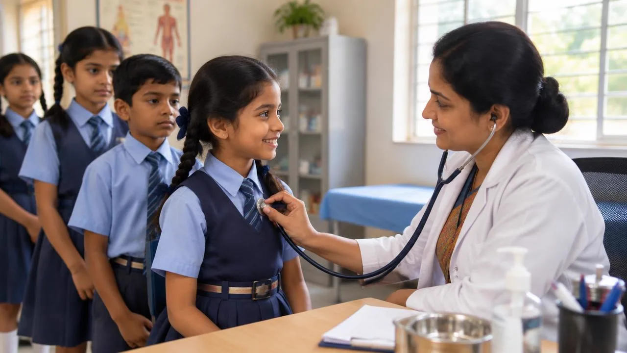 Animated students under the words Learn, Grow, Thrive — SchoolWellness.in school health program